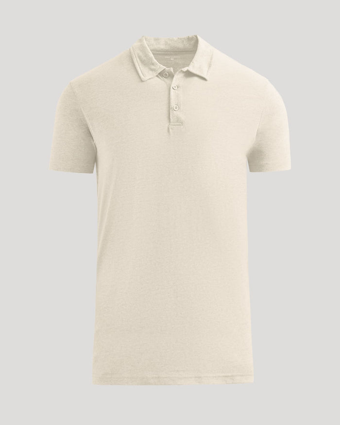 Oatmeal Short Sleeve Tall Polo laid flat with a classic collar.