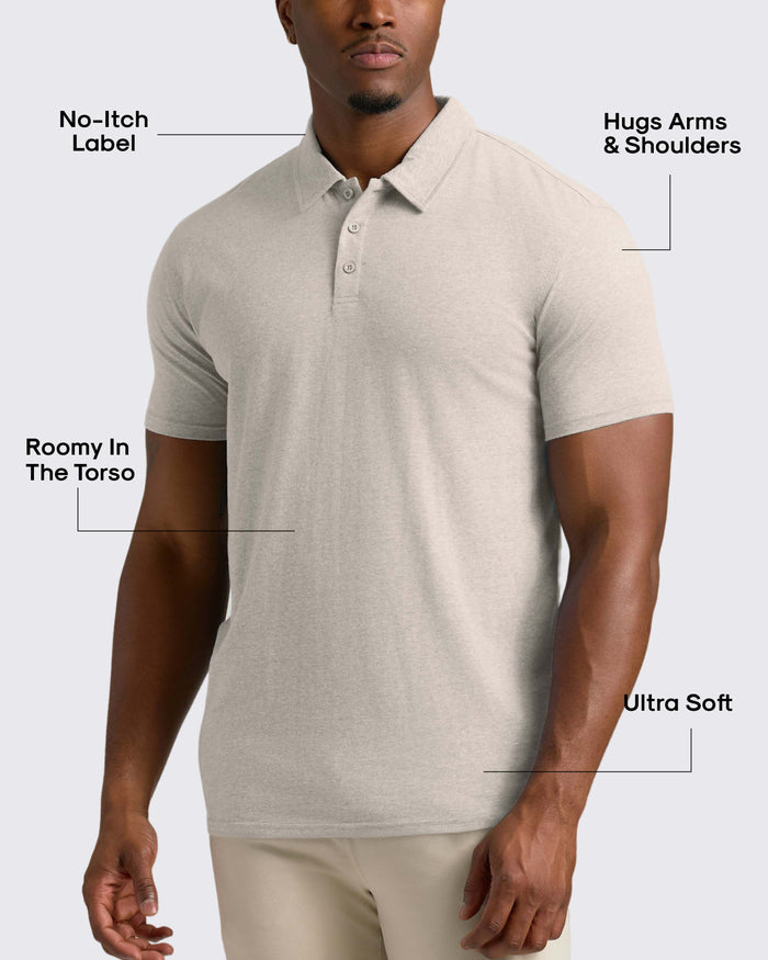 Man wearing an oatmeal-colored Oatmeal Short Sleeve Tall Polo with a no-itch label, hugging arms and shoulders, roomy torso, and ultra-soft fabric, showcasing a comfortable fit.