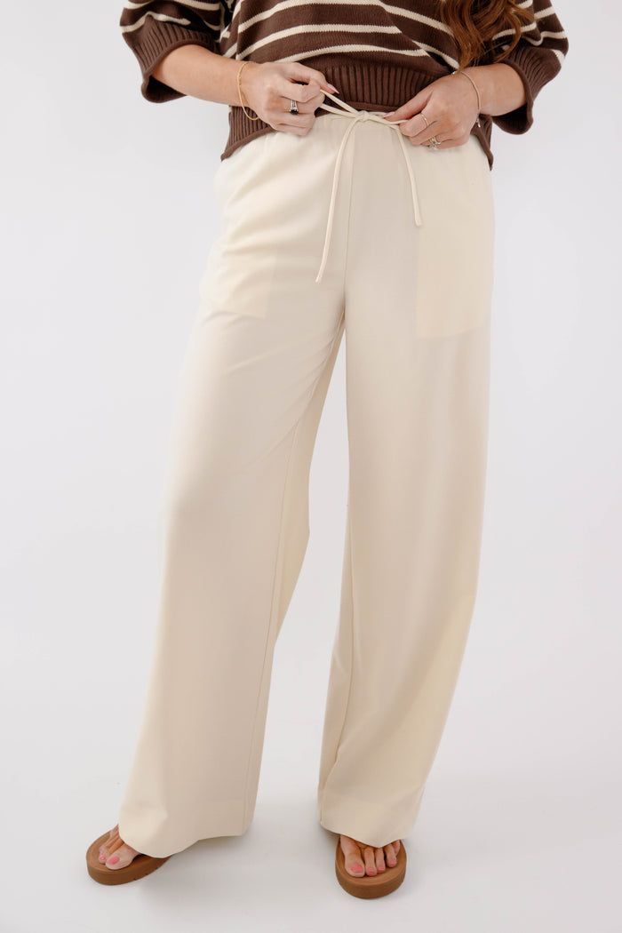Cream Wide Leg Drawstring Pants - Relaxed Coastal Lounge Pants for Women- Modref Cream Pants