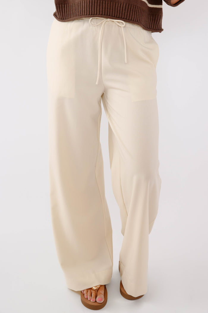 Cream Wide Leg Drawstring Pants - Relaxed Coastal Lounge Pants for Women- Modref Cream Pants