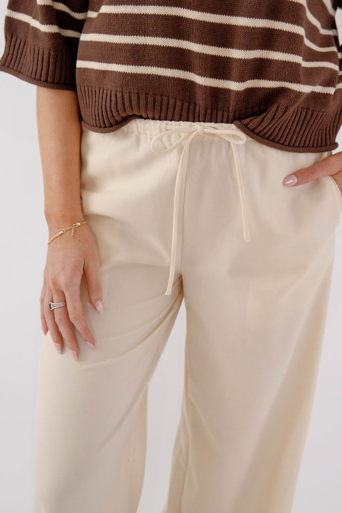 Cream Wide Leg Drawstring Pants - Relaxed Coastal Lounge Pants for Women- Modref Cream Pants