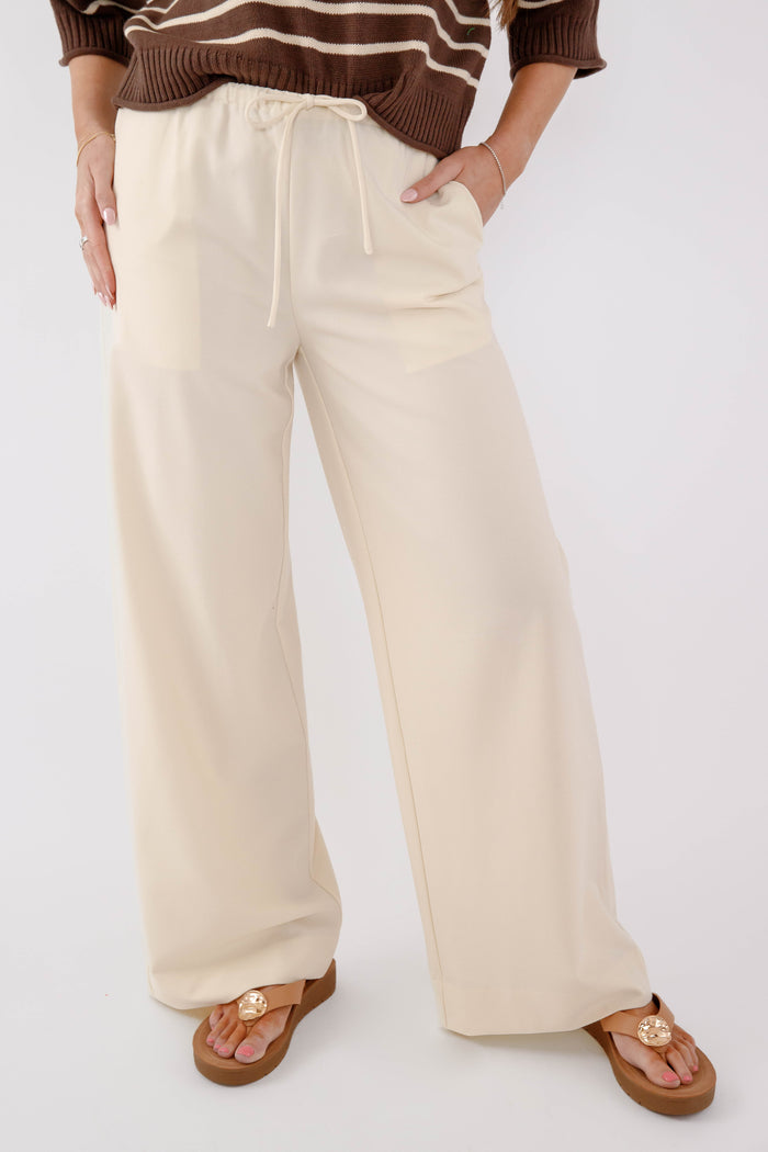 Cream Wide Leg Drawstring Pants - Relaxed Coastal Lounge Pants for Women- Modref Cream Pants