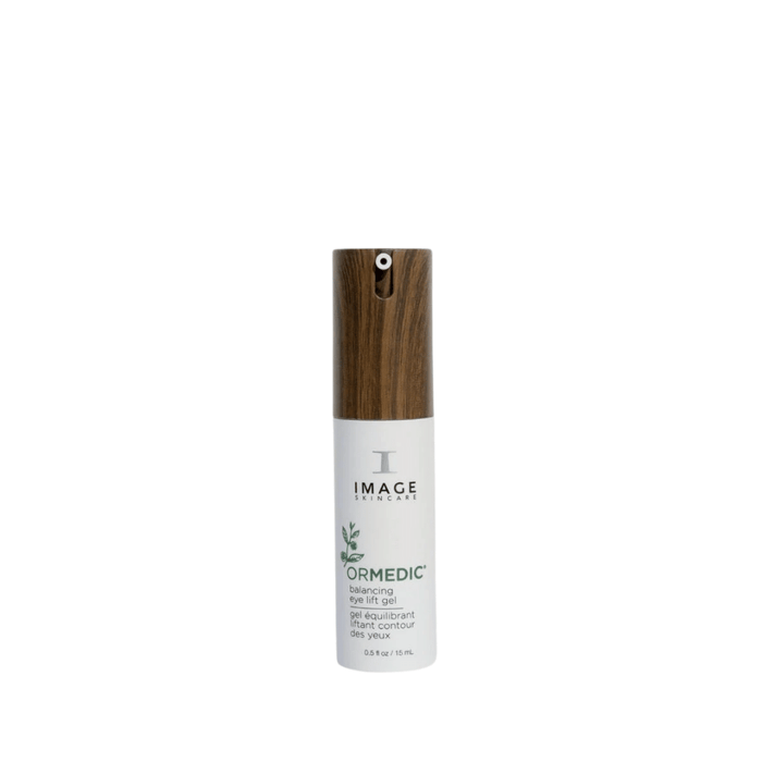 ORMEDIC balancing eye lift gel | IMAGE Skincare in a white bottle with a wood-textured pump top, designed for skincare targeting eye area hydration and lifting.