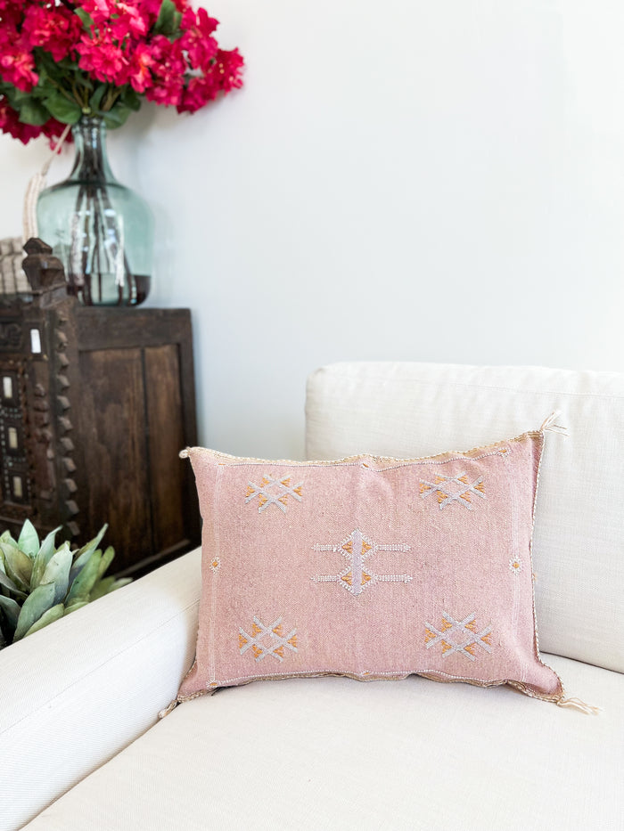 Artisan Handmade Moroccan embroidered cactus silk sabra lumbar pillow purple handwoven