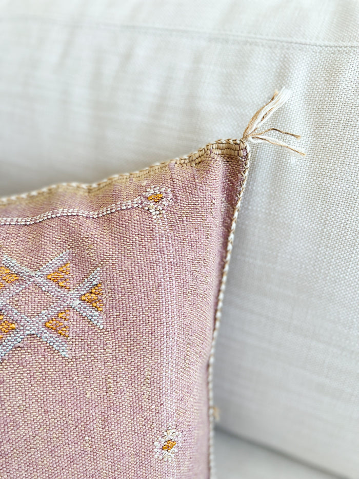 Artisan Handmade Moroccan embroidered cactus silk sabra lumbar pillow purple handwoven