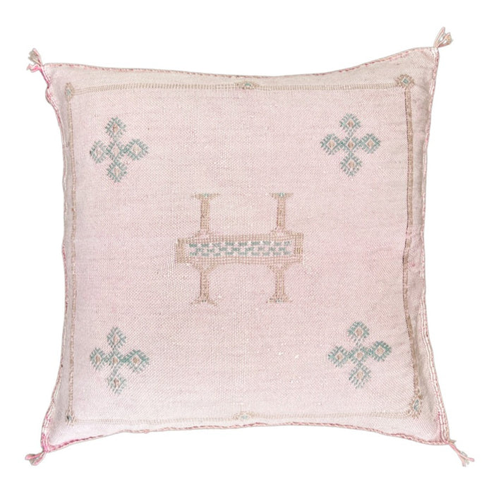 Artisanal Handmade Moroccan embroidered cactus silk sabra pillow light pink handwoven
