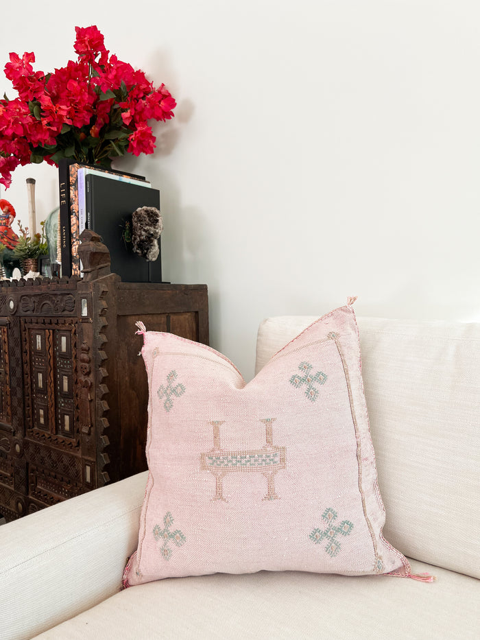 Artisanal Handmade Moroccan embroidered cactus silk sabra pillow light pink handwoven