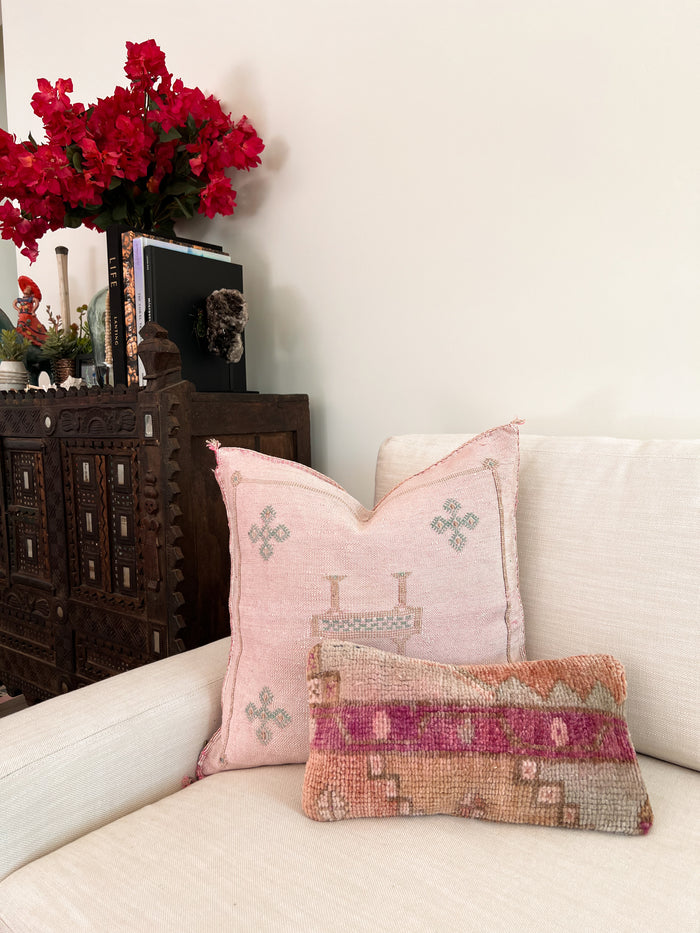Artisanal Handmade Moroccan embroidered cactus silk sabra pillow light pink handwoven
