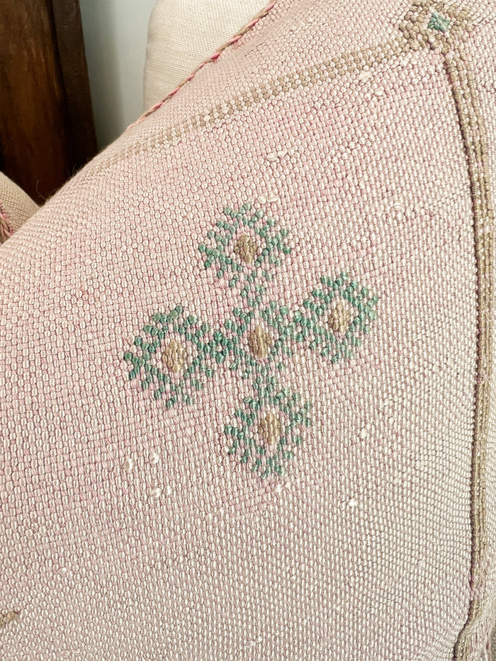 Artisanal Handmade Moroccan embroidered cactus silk sabra pillow light pink handwoven