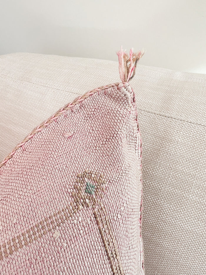 Artisanal Handmade Moroccan embroidered cactus silk sabra pillow light pink handwoven