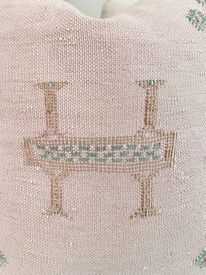 Artisanal Handmade Moroccan embroidered cactus silk sabra pillow light pink handwoven