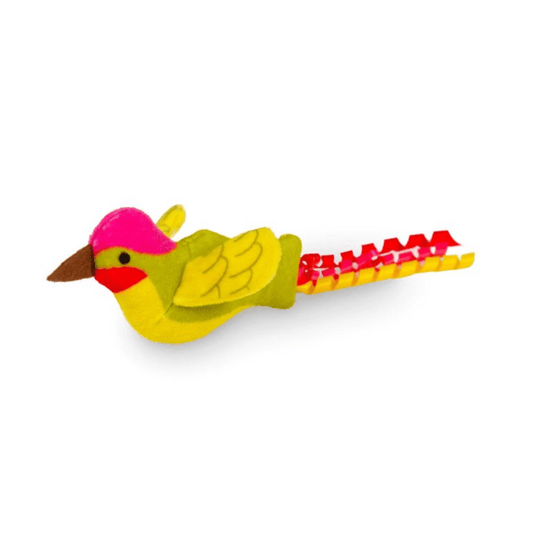 Green, pink and yellow Hummingbird cat toy with a three curls of ribbon as tail on a white background.