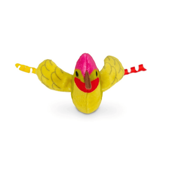 Front view of green, pink and yellow Hummingbird cat toy on a white background.