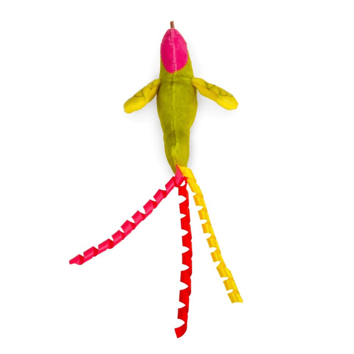 Top view of green, pink and yellow Hummingbird cat toy with a three curls of ribbon as tail on a white background.
