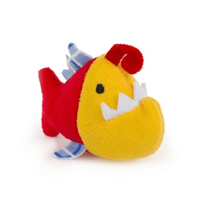 Yellow and Red Piranha cat toy with white felt teeth and blue fins on a white background.