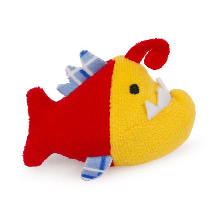 Side view of yellow and red Piranha cat toy with white felt teeth and blue fins on a white background.
