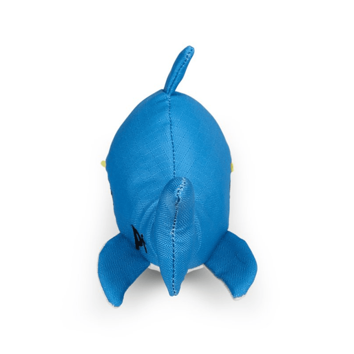 Back view of bright blue plush shark dog toy on a white back ground.