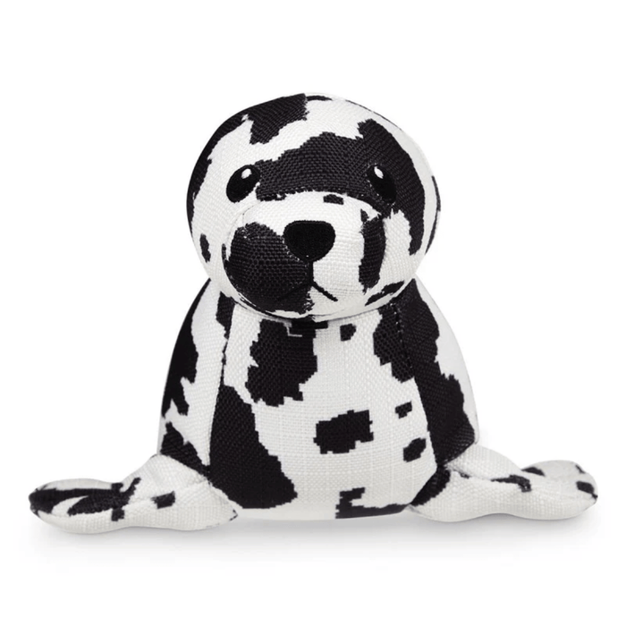 Front view of black and white seal plush dog toy on a white back ground.