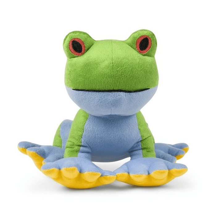 Green frog plush dog toy with a blue underside, yellow feet and red eyes sitting on a white background.