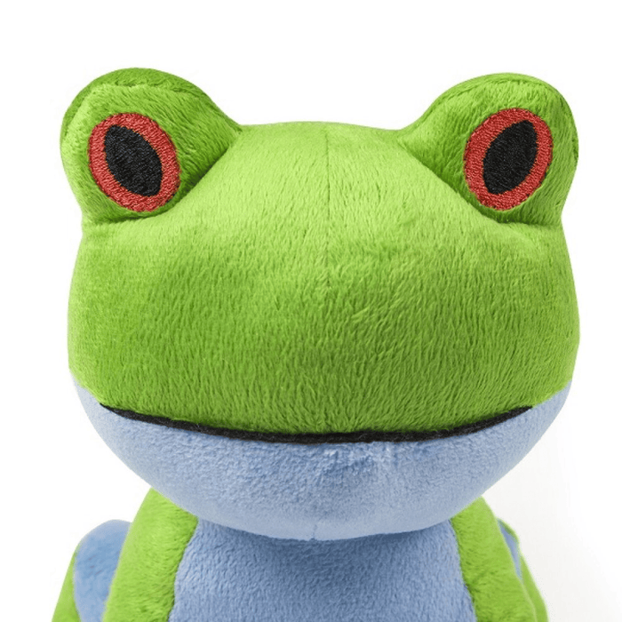 Close up of green frog plush dog toy with a blue underside and red eyes on a white background.