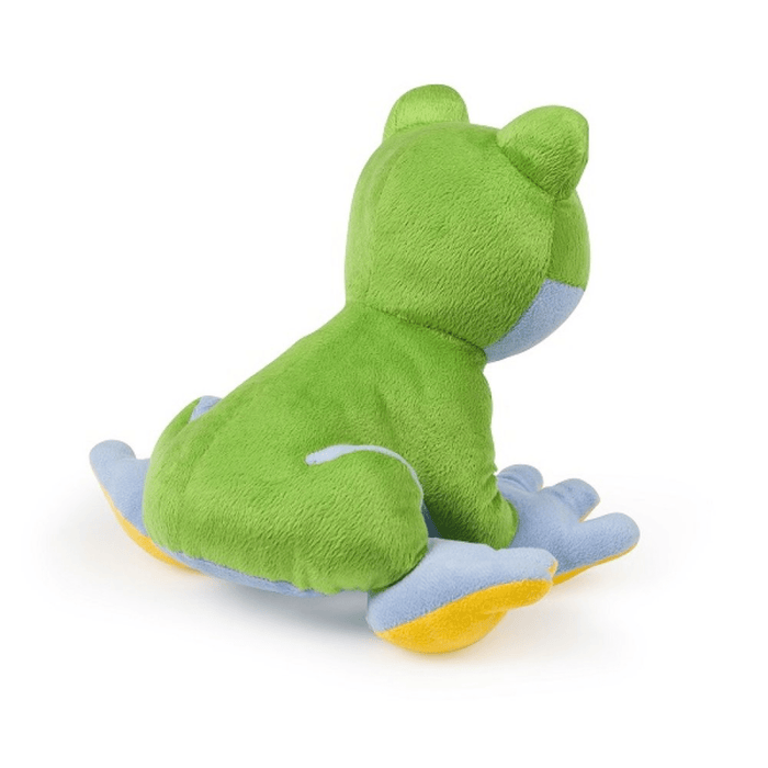 Back view of green frog plush dog toy with a blue underside and yellow feet sitting on a white background.