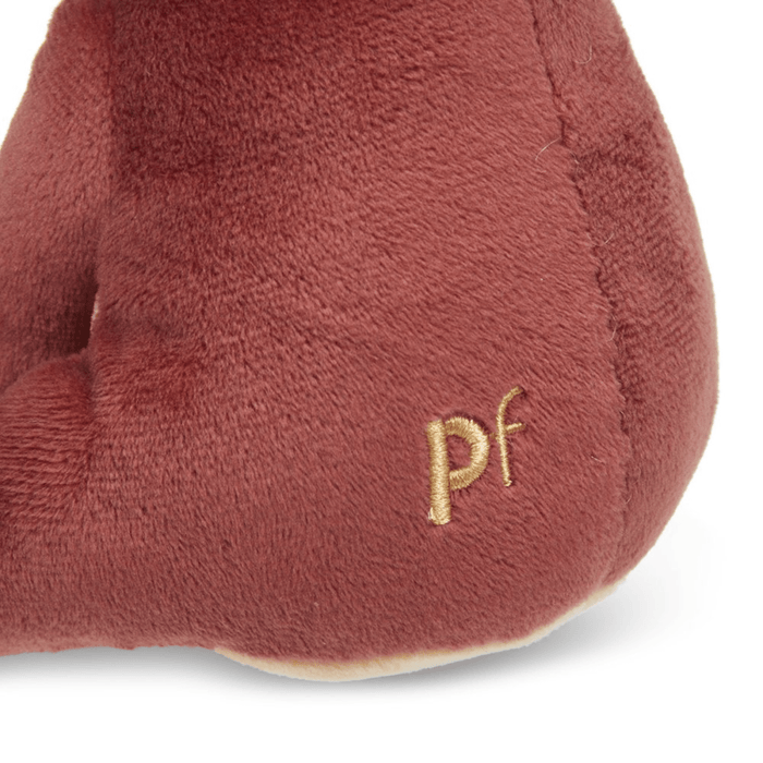 Close up detail of brown teddy bear dog toy side with stitched text of 'PF' on it's back.