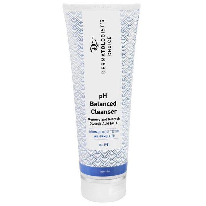 Tube of pH Balanced Cleanser with glycolic | Dermatologist's Choice featuring a white and blue patterned design, labeled to remove and refresh with glycolic acid for skincare.
