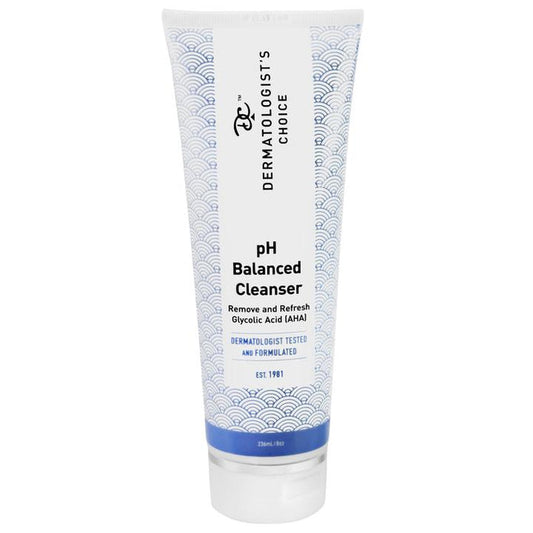 Tube of pH Balanced Cleanser with glycolic | Dermatologist's Choice featuring a white and blue patterned design, labeled to remove and refresh with glycolic acid for skincare.