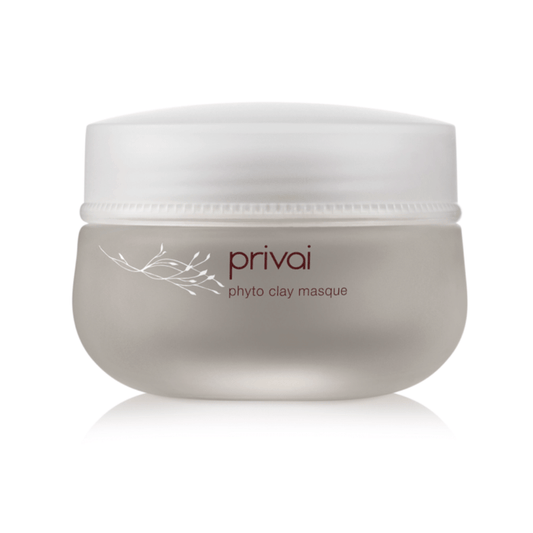 Jar of Phyto Clay Masque | Privai with a frosted texture and white lid, designed for skincare and wellness treatments.