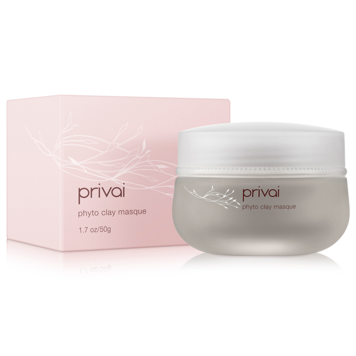 Phyto Clay Masque | Privai in a frosted jar with a white lid next to a soft pink box, designed for skincare and spa wellness.