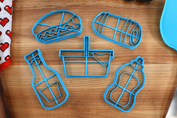 Picnic Food Cookie Cutters - Frankfurter, Ketchup Bottle, Mustard Bottle, Picnic Basket, Picnic Blanket