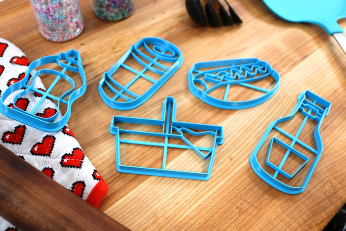 Picnic Food Cookie Cutters - Frankfurter, Ketchup Bottle, Mustard Bottle, Picnic Basket, Picnic Blanket
