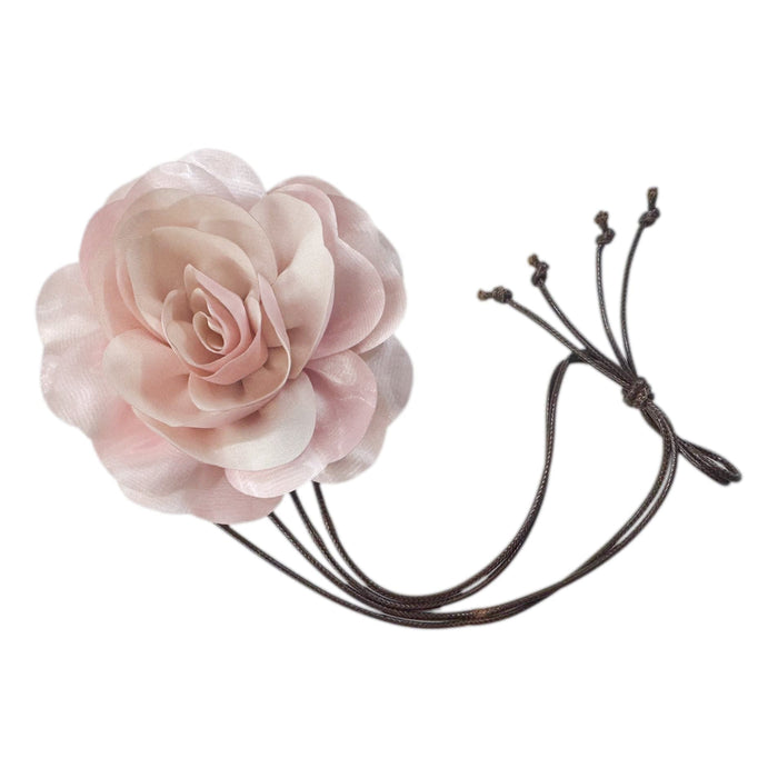 Pink flower neck tie with layered fabric rose and adjustable ties, soft blush floral accessory for girls special occasion outfits