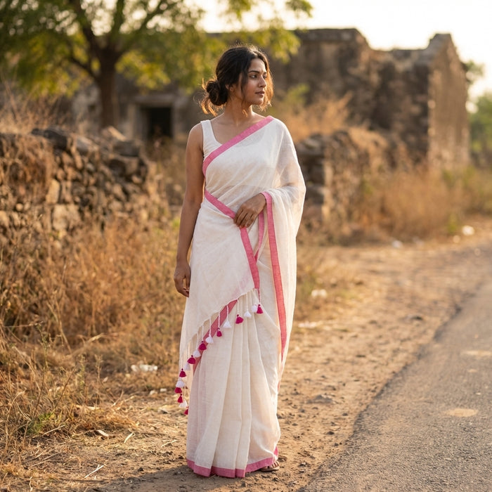 Plain cotton linen saree