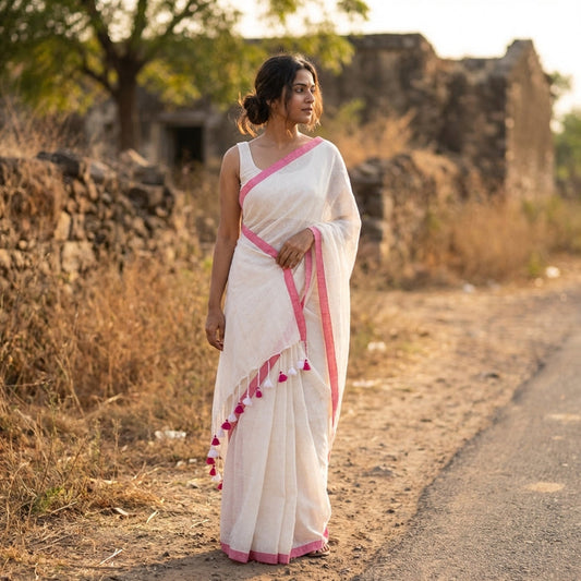 Plain cotton linen saree