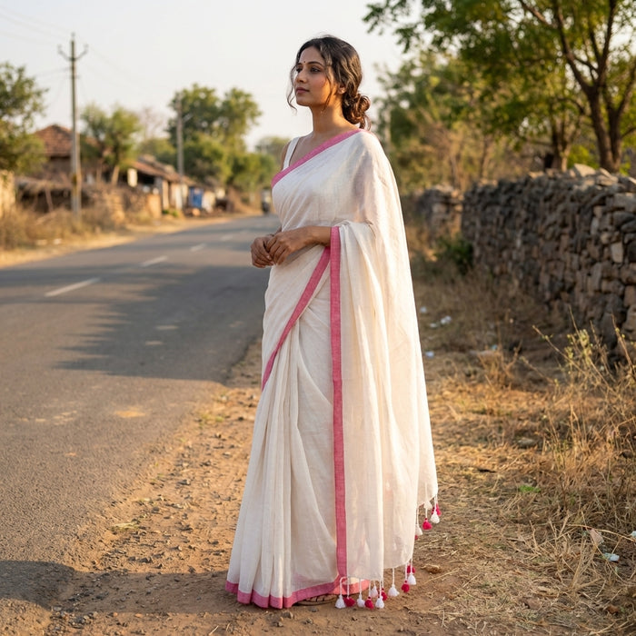Plain cotton linen saree