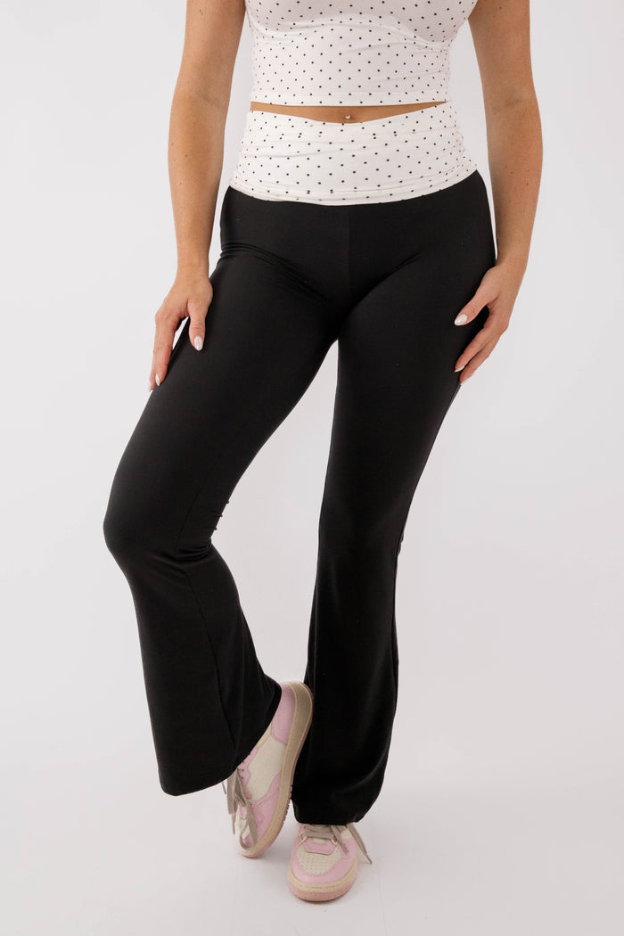 Black Flared Athletic Pants- Women's Black Athletic Pants with Polka Dot Waist Band- Women's Matching Athletic Set