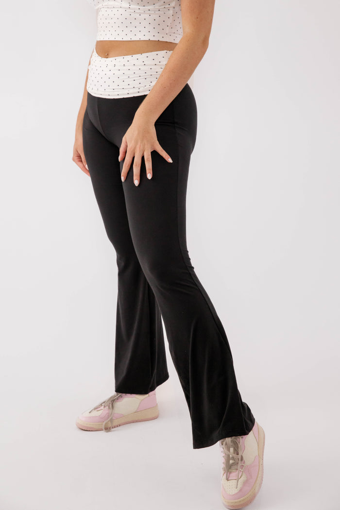 Black Flared Athletic Pants- Women's Black Athletic Pants with Polka Dot Waist Band- Women's Matching Athletic Set