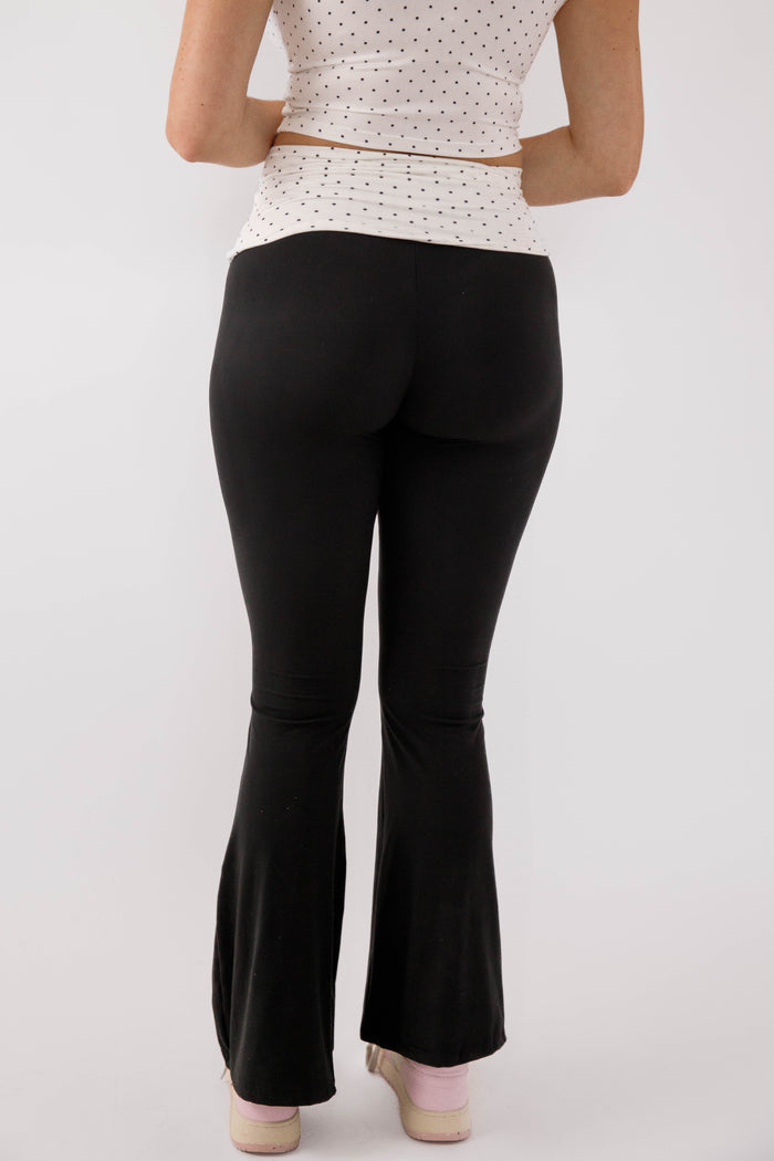 Black Flared Athletic Pants- Women's Black Athletic Pants with Polka Dot Waist Band- Women's Matching Athletic Set