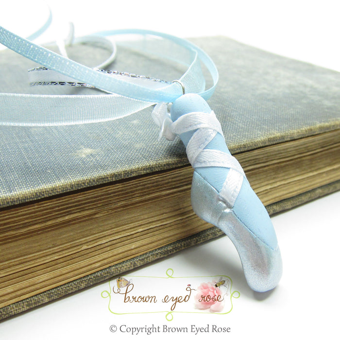Winter blue polymer clay ballet slipper necklace