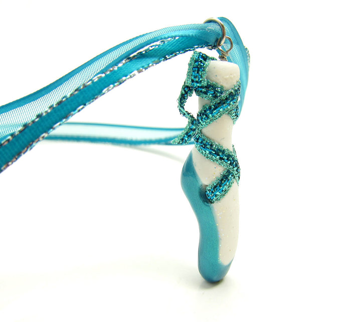 Teal Blue Polymer Clay Pointe Shoe Pendant Necklace