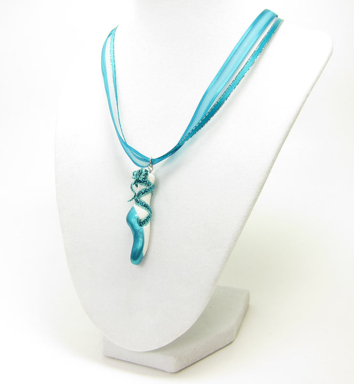 Teal Blue Polymer Clay Pointe Shoe Pendant Necklace
