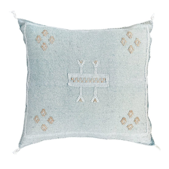 Artisanal Handmade Moroccan embroidered cactus silk sabra lumbar pillow blue turquoise aqua handwoven boho eclectic decor
