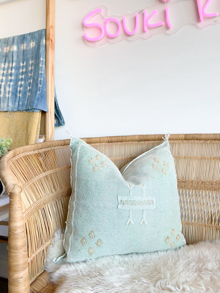 Artisanal Handmade Moroccan embroidered cactus silk sabra lumbar pillow blue turquoise aqua handwoven boho eclectic decor