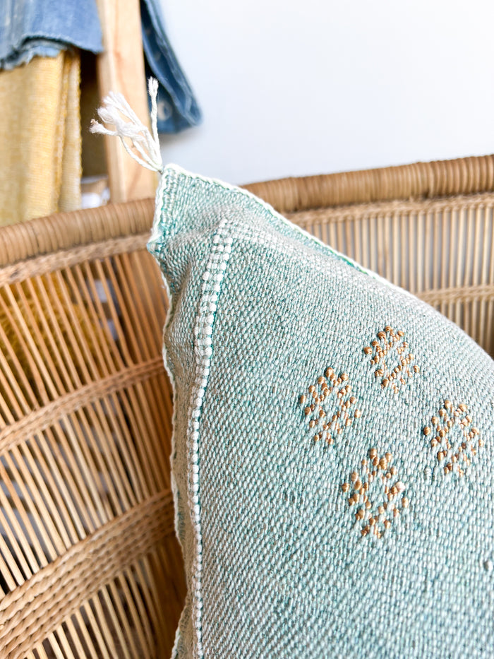 Artisanal Handmade Moroccan embroidered cactus silk sabra lumbar pillow blue turquoise aqua handwoven boho eclectic decor