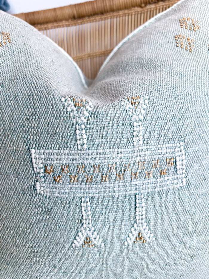 Artisanal Handmade Moroccan embroidered cactus silk sabra lumbar pillow blue turquoise aqua handwoven boho eclectic decor