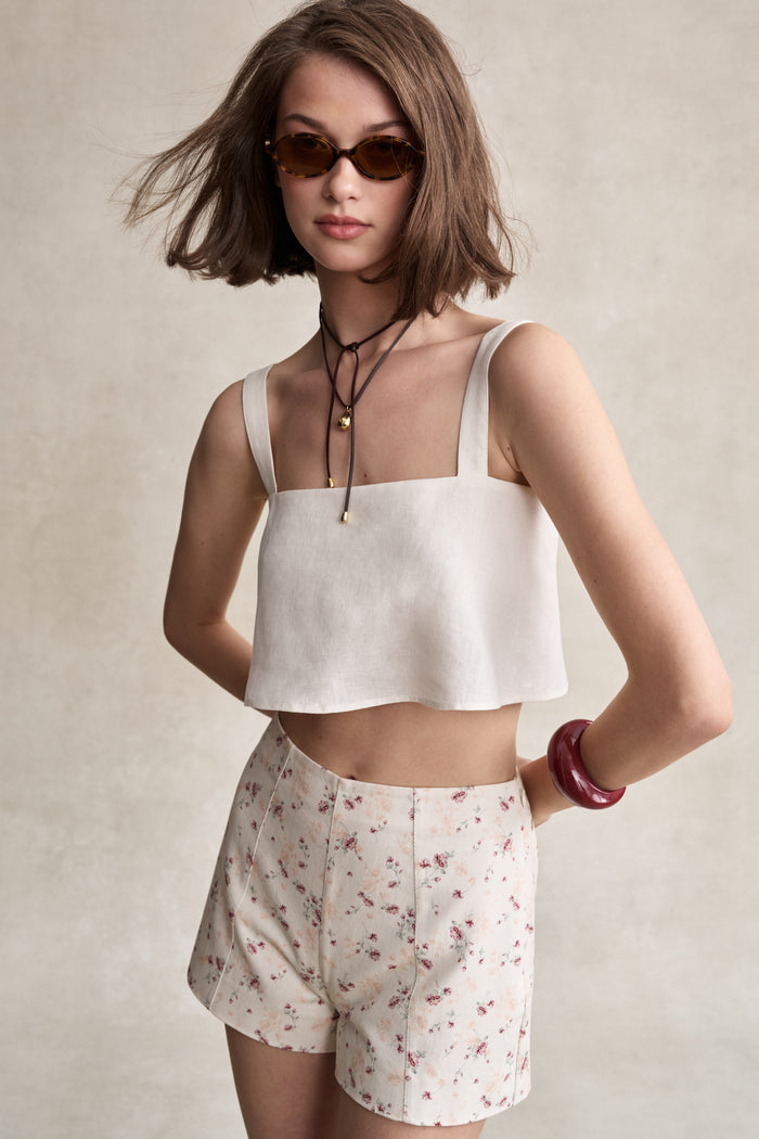 HEVRON Caitlyn Crop Ivory Linen Crop Top, studio shot