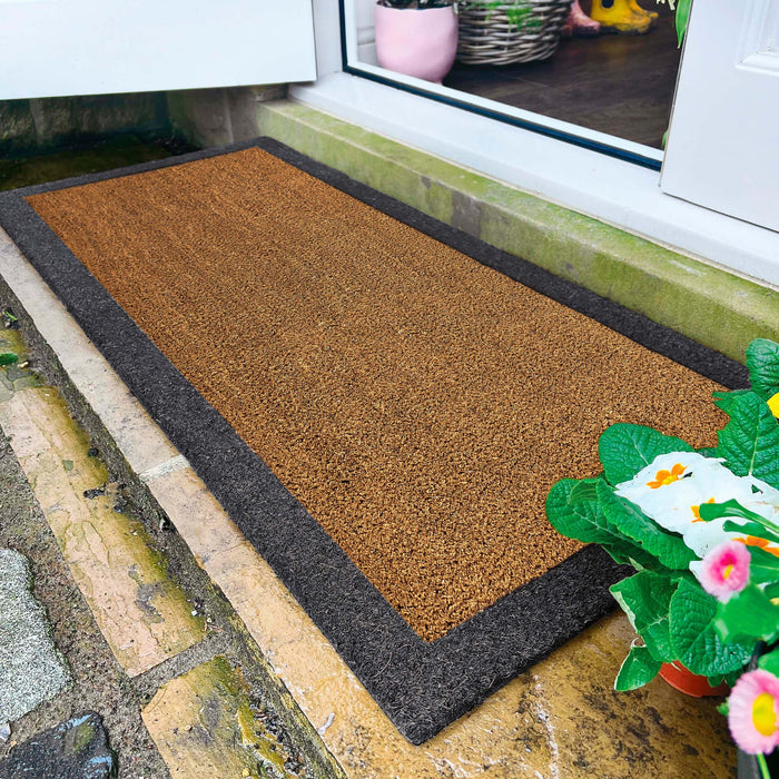 Printed Coir Border Grey Blue Runner. An eco-friendly doormat featuring a blue grey border.