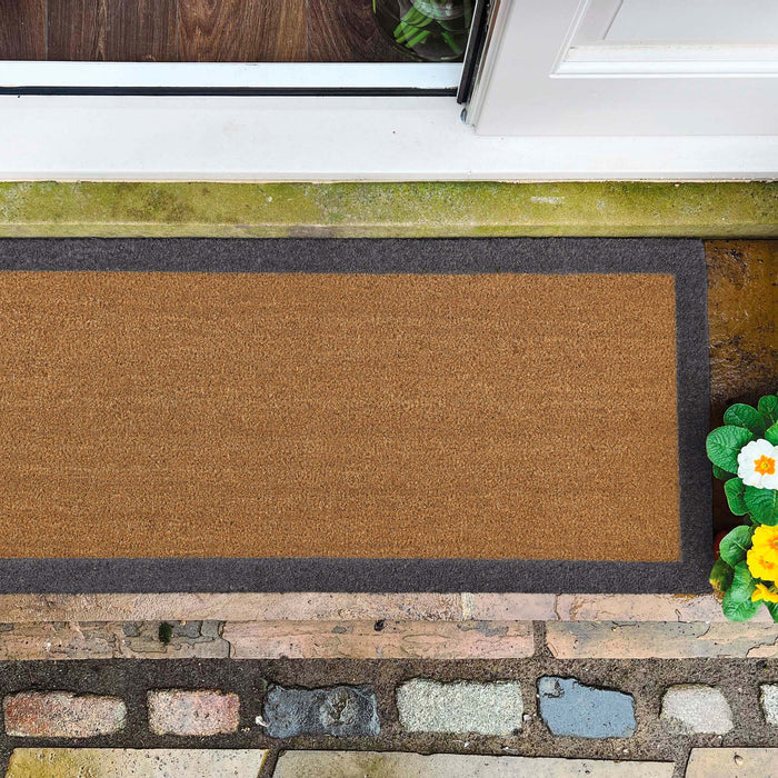 Printed Coir Border Grey Blue Runner. An eco-friendly doormat featuring a blue grey border.