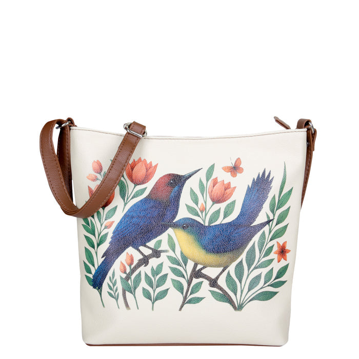 Women's handpainted birds crossbody bag in vegan leather for everyday use, work, office, travel, shopping, trips, and gifting